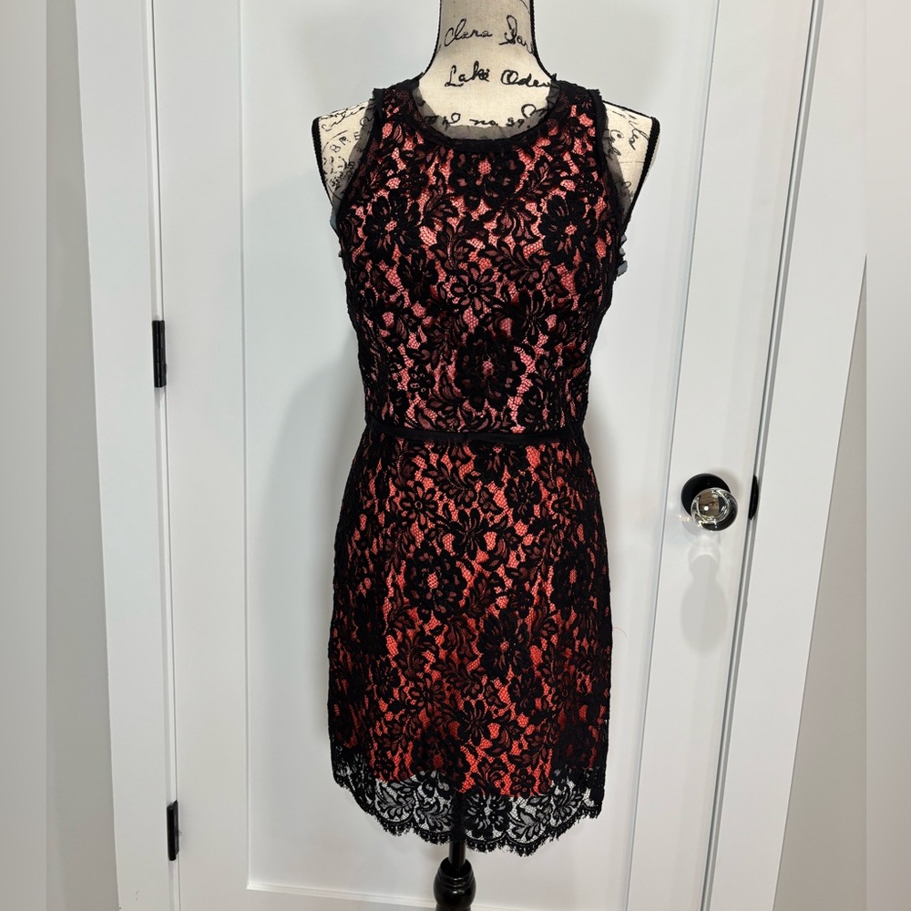 Milly Black and Coral Floral Lace Mini Dress NWT